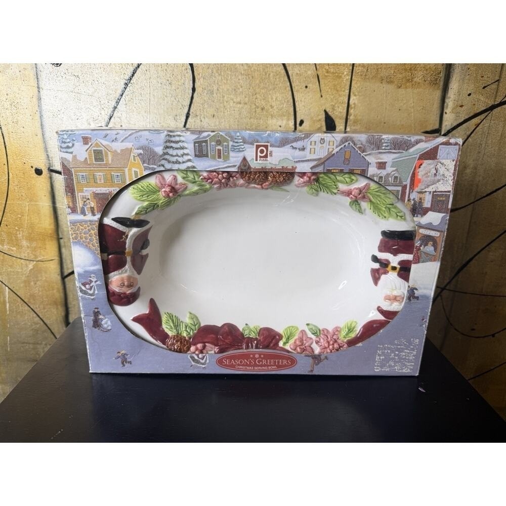 Publix Christmas‎ Serving Bowl Santa Poinsettia Holiday Platter 12" In Box